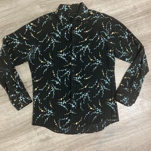 Men’s Large Positano Button Down Shirt Black with Blue and Yellow Floral